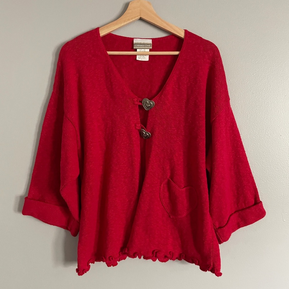 Vintage Cardigan Womens M/L Red Heart Button Ruffle Hem Cotton Coquette Cottage